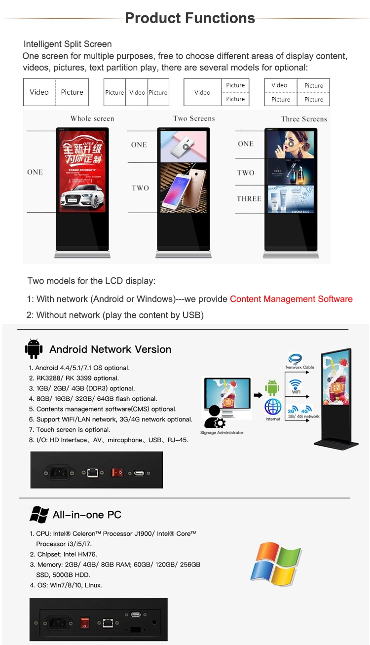 Network Wi-Fi Indoor Touch Screen Advertising LCD Display Digital Signage