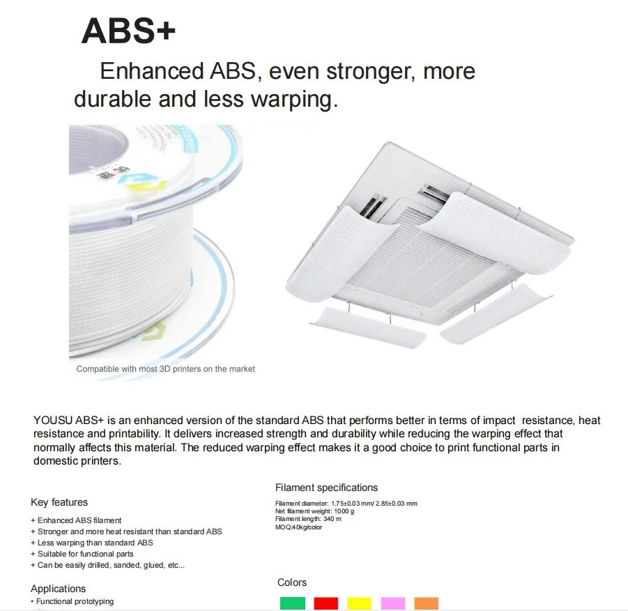 Wholesa ABS Plus 3D Printers ABS+ Filament 1.75mm 2.85mm Fdm 3D Printing Material Even Stronger More Durable Less Warping Green Filaments